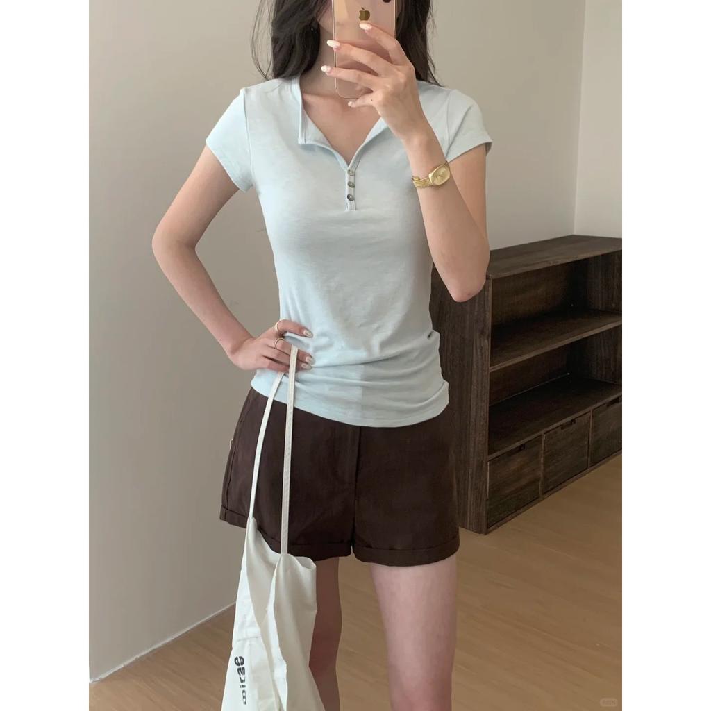 Minimalist Henry Neck Button Slim Fit T-Shirt Front Shoulder Short Sleeve Women's Summer Thin Breathable V-Neck Front Shoulder Bottom Top