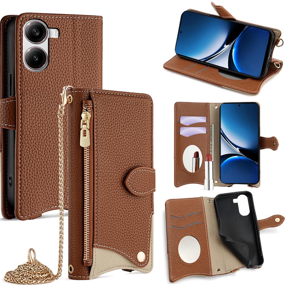 

Wallet Case for Xiaomi Redmi Turbo 4 5G/Poco X7 Pro 5G Fishtail Design Leather Phone Cover with Mirror/Stand/Strap Brown