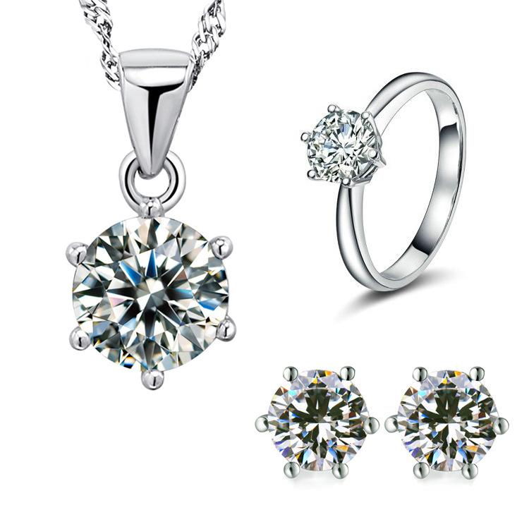 

2025 Изысканный набор украшений, инкрустированный цирконом, 925 проба чистого серебра, обручальное кольцо, серьги, ожерелье, женский подарок для вечеринки Resizable