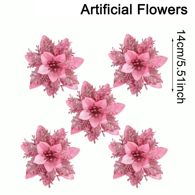 

Christmas Glitter Artificial Flowers Christmas Tree Hanging Ornaments Fake Flower for Home 2026 Xmas New Year 2026 Navidad Gift 5pcs