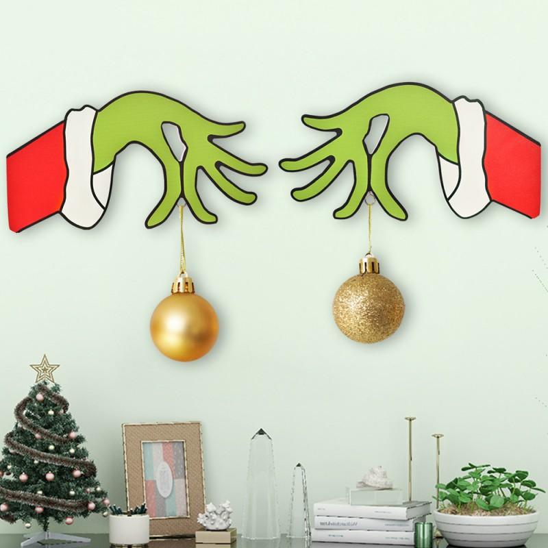 Wooden Christmas Door Hanger With Grinch Wreath Decorative Sign Home Holiday Party Decoration