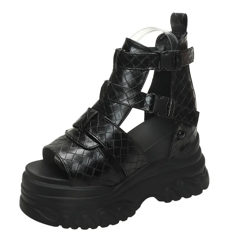 

10СМ Женские Гладиаторские Туфли на Толстой Подошве Женские Летние Массивные Кроссовки Сандалии на Высокой Платформе С Вырезами Клиновидные Каблуки Пляжные Ботинки 34 чёрный