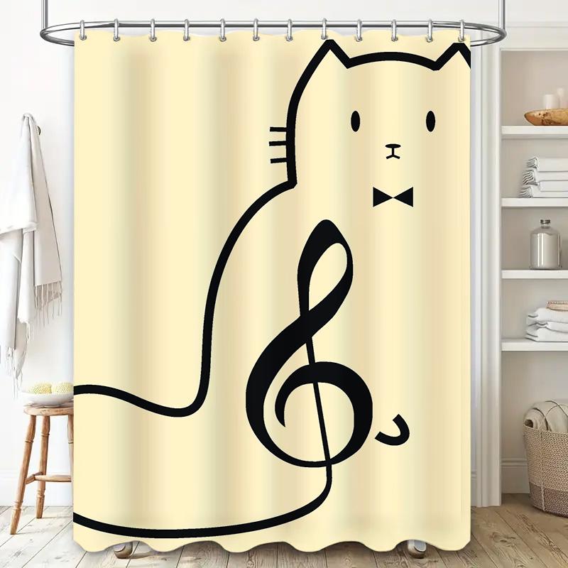 Black Music Note Cat Shower Curtain Bathroom Decor Liner for Kids Bath Room