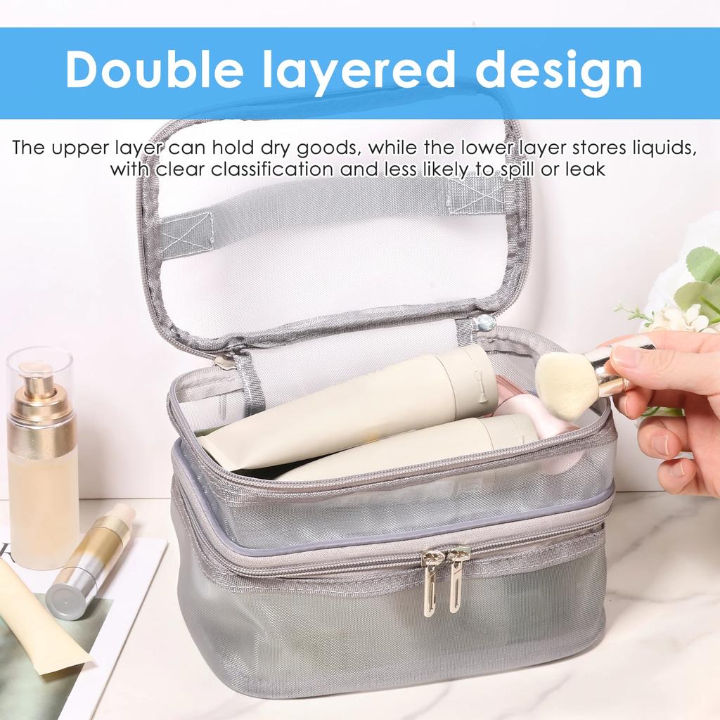 Large Capacity Mesh Cosmetic Bag Double Layer Transparent Travel Toiletry Bag with Handle Portable Makeup Organiser for Women