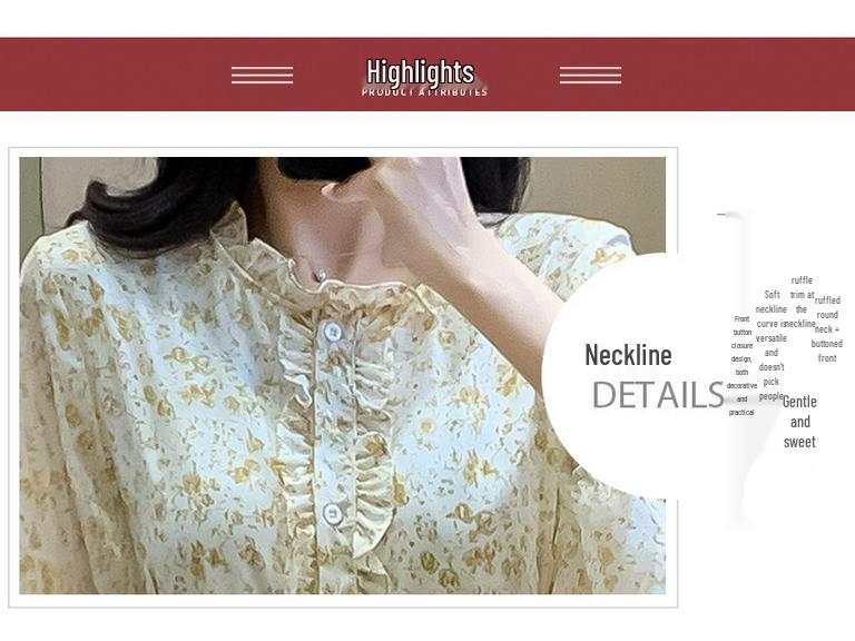 French Puff Sleeve Floral Chiffon Dress with Tie-Neck and Ruffle Collar, Slim-Fit Long Sleeve for Early Spring.
