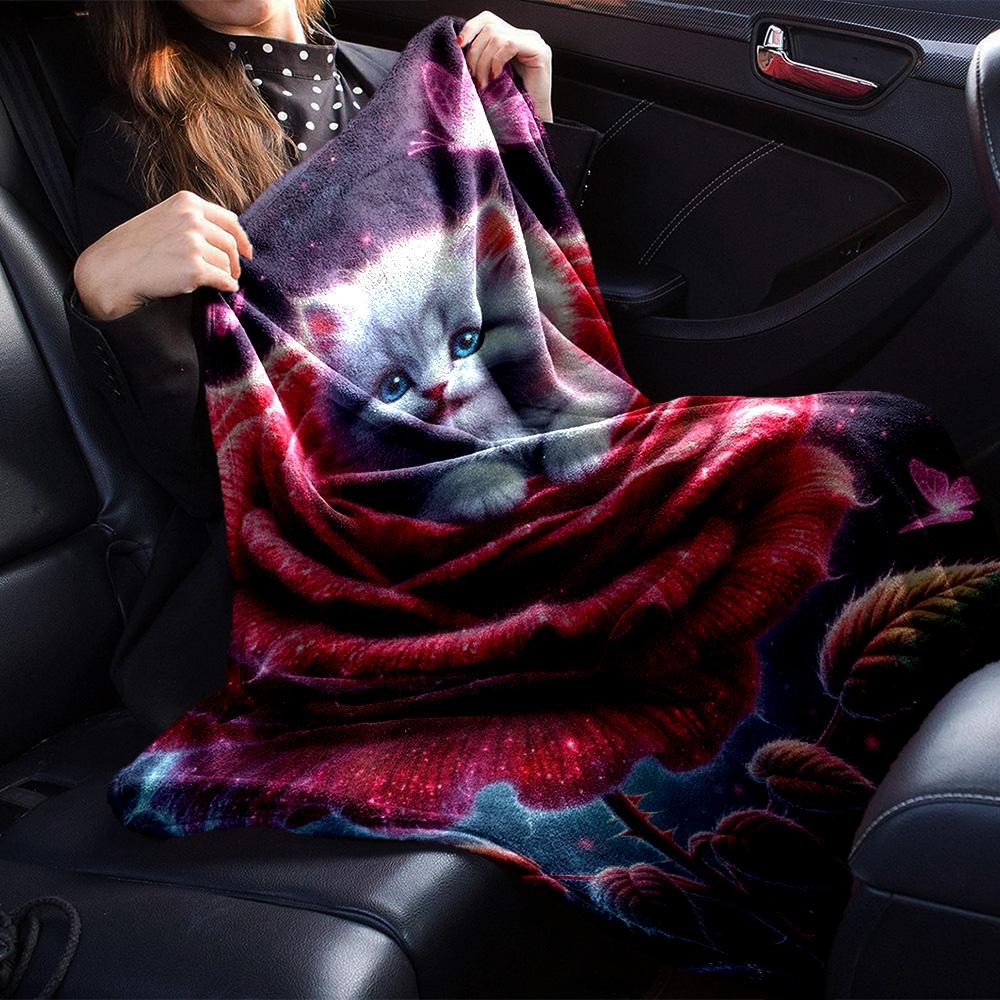 Cute Kitten In Glowing Red Rose Starry Sky Print Flannel Fleece Blanket Fantasy Floral Animal Soft Warm Throw Blanket Sofa Bedroom Home Decor Gift