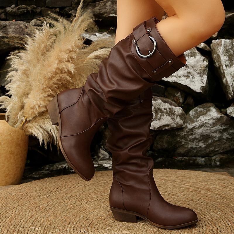 Pleated Pu Leather Knee High Boots Women Vintage Belt Buckle Thick Heel Long Boots Woman Plus Size 36-43 Slip On Western Shoes