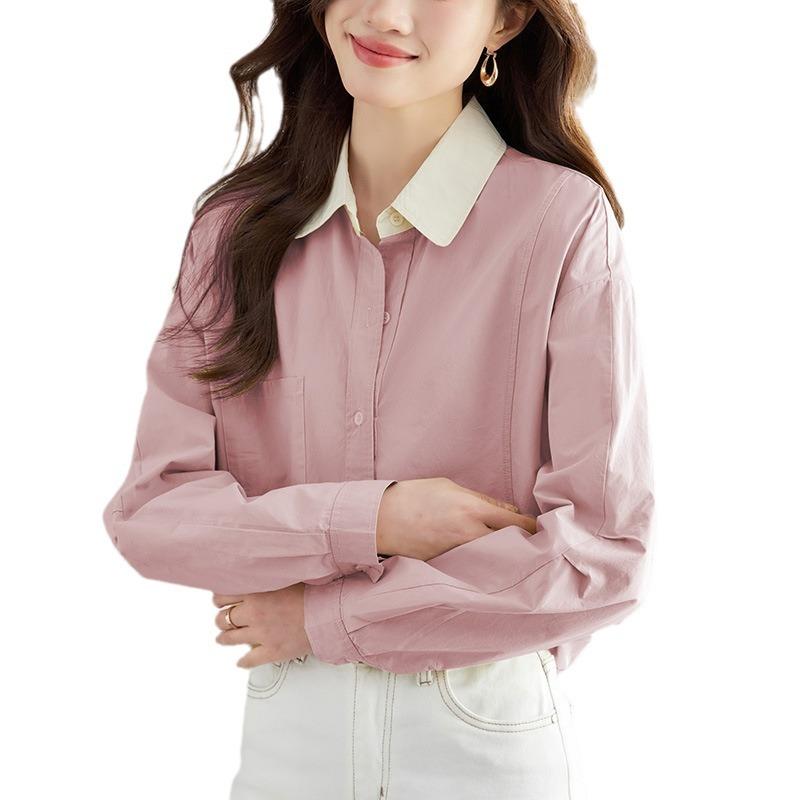 Pure Cotton Long-sleeved Shirt Women's Spring New Contrasting Collar Shirt