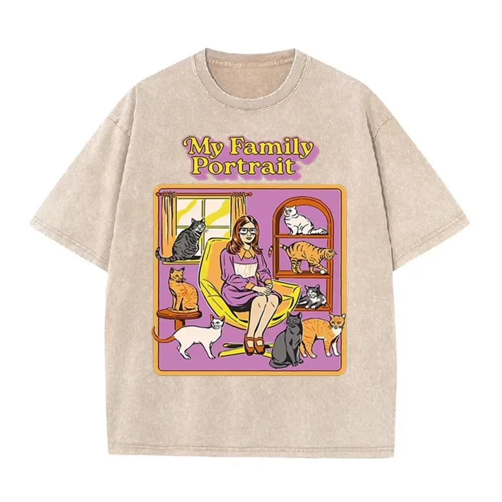 Distressed Purple Vintage Tee Funny Cat Lady My Family Portrait Cartoon Print Loose Oversized Short Sleeve Tshirt