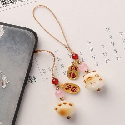 Imitation White Bodhi Cute Cat Paw Lucky Cat Mobile Phone Chain Lanyard Pendant Girls Creative Mobile Phone Case Keychain