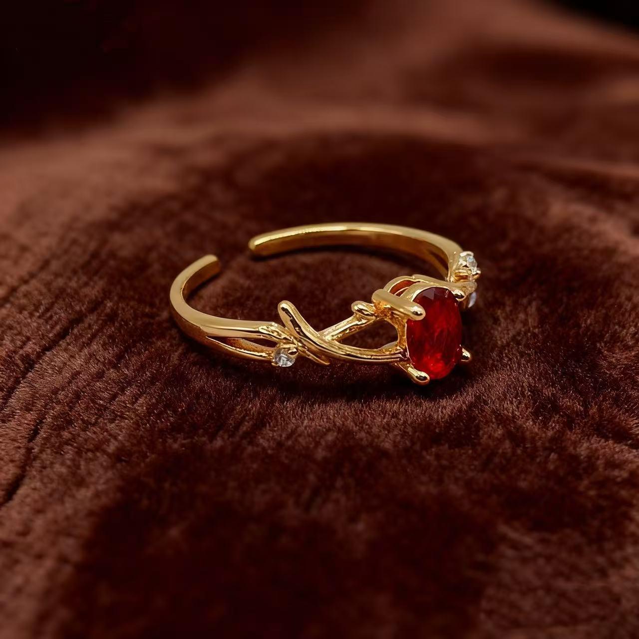 Yintai Artistic Red Zircon Rose Gold Adjustable Ring Open Adjustable