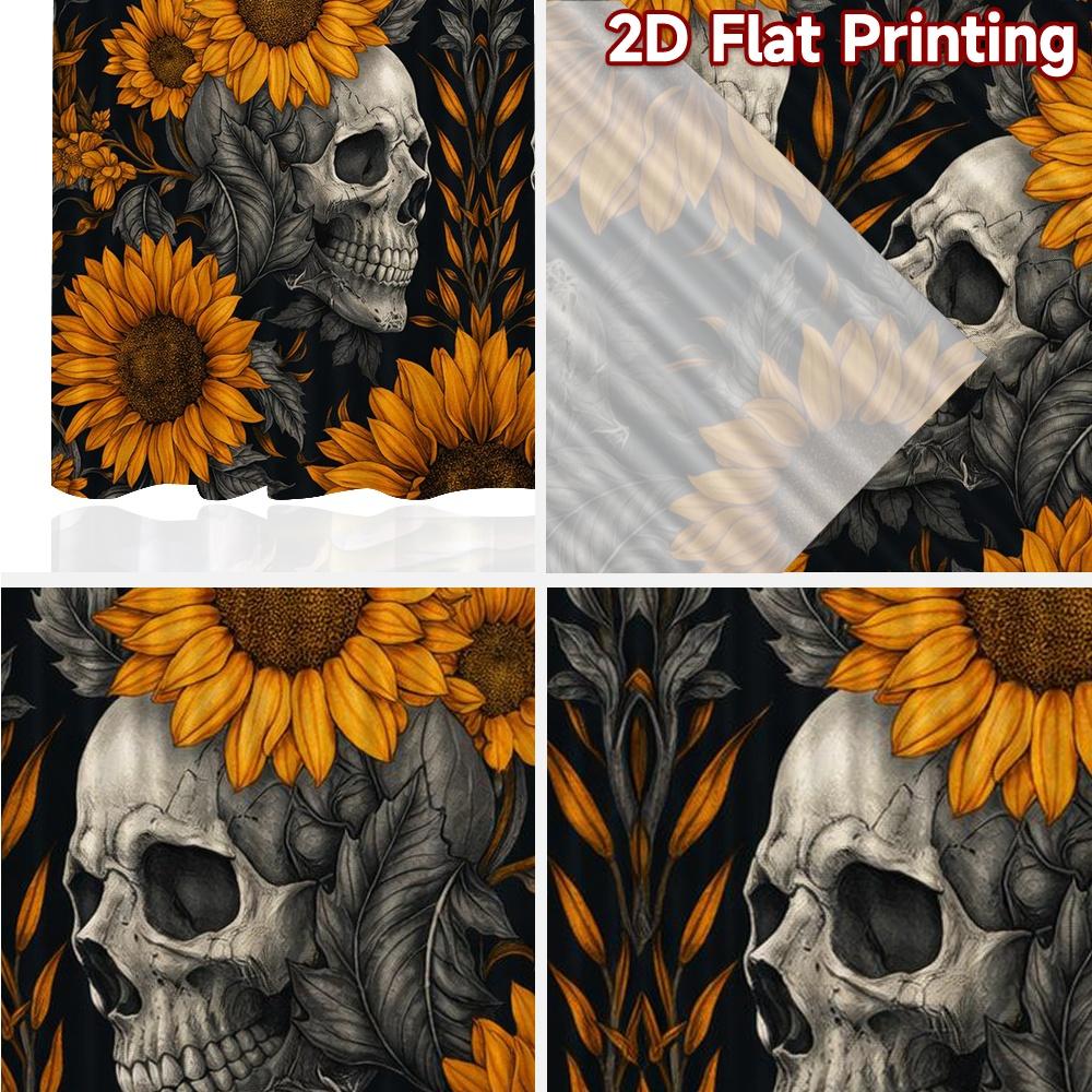 2D FLAT PRINTING 2pcs Curtains (Without Rod) Halloween Skulls with Sunflowers Popular Creative Curtains 100% Polyester Curtains