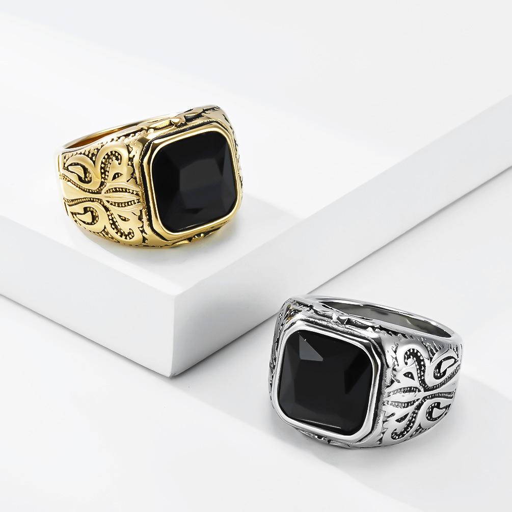 Black Stone Ring Stainless Steel Embossed Pattern for Men Vintage Jewelry