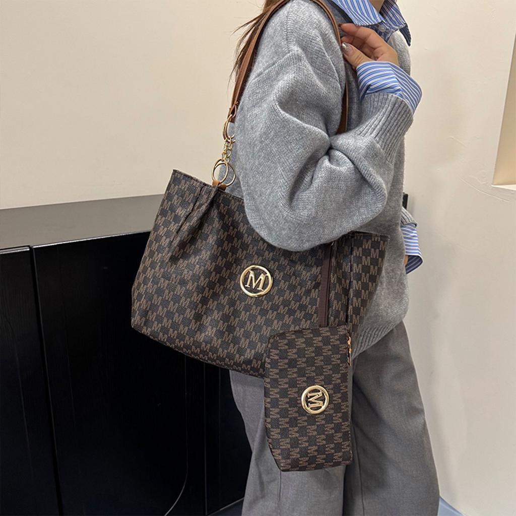 Women's Vintage M Logo Tote Bag Glossy Finish Large Capacity Zipper PU Detachable Pouch Easy Organize for Daily Commute Shopping