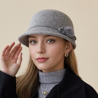 Bucket Hat Damen Herbst und Winter Wolle Elegant Blume Thermische Fischerhut Lässig Vielseitig Retro Zylinder