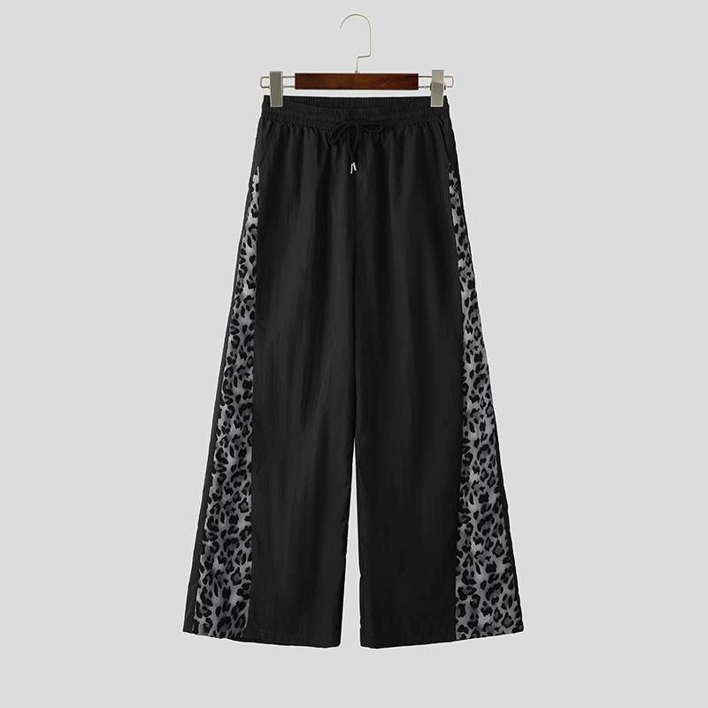 INCERUN Men Drawstring Elastic Waist Leopard Splicing Casual Flimsy Long Pants Trousers Streetwear Style XL