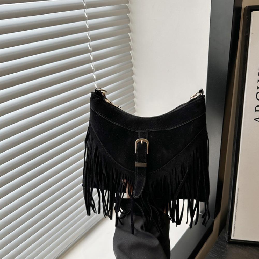 Solid Color Tassel Shoulder Bag Buckle Underarm Packs Sweet Suede Handbag  Travel