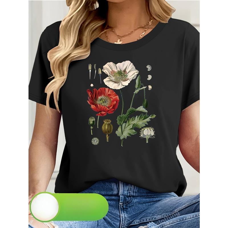 

European Size Elegant Art Floral Print Women s Short Sleeve T-Shirt 4XL