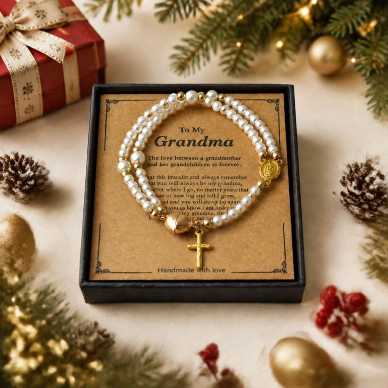 Christmas Themed Black Bead Heart Magnetic Clasp Bracelet With English Greeting Card Women