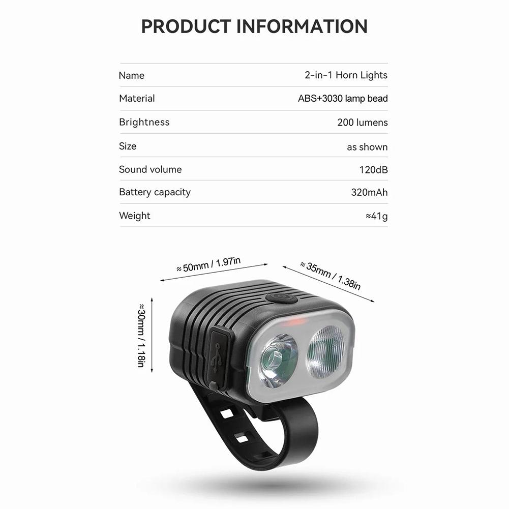 Bicycle Headlight With Horn 6 Modes 200 Lumens Far & Near Light Dual Bead Design 120dB In-line Speaker For Outdoor Night Cycling A. Headlight