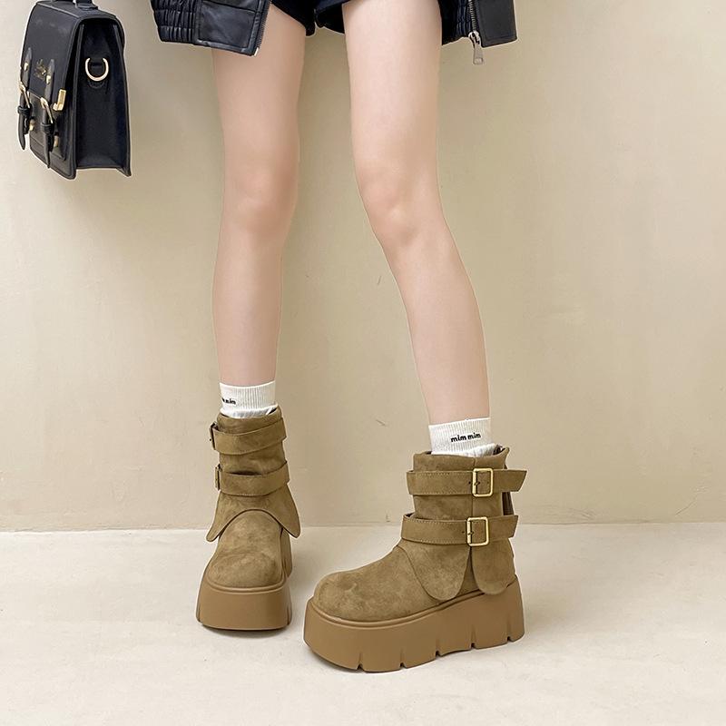 Retro thick-soled one-word buckle slim short boots with coat Martin boots 2025 autumn and winter suede boots women's fashion boots