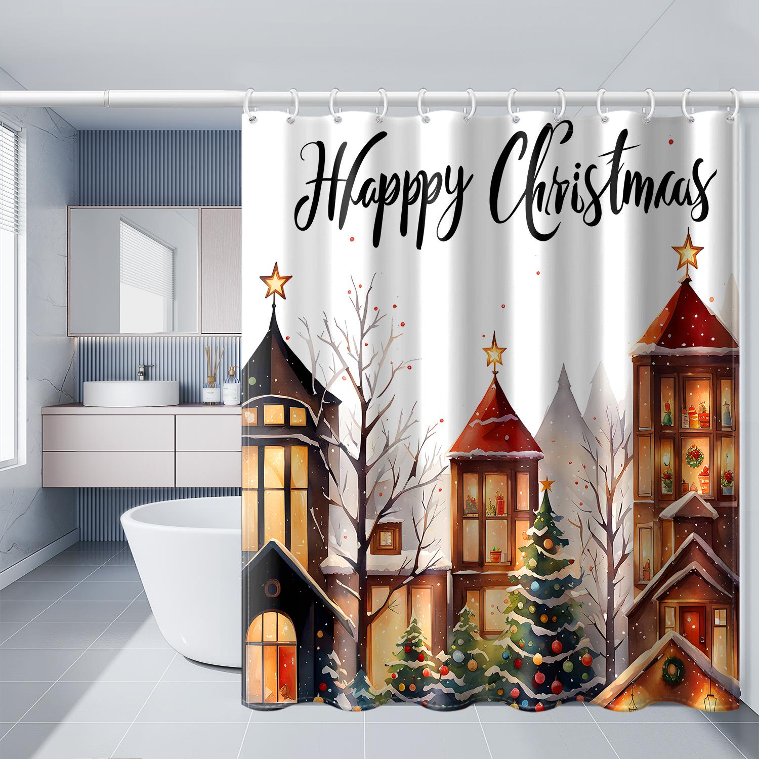 

1Pc Black White Checkered Red And Green Christmas Tree Shower Curtain With Plastic Hooks, Cartoon Christmas Printed Bathroom 180*180cm