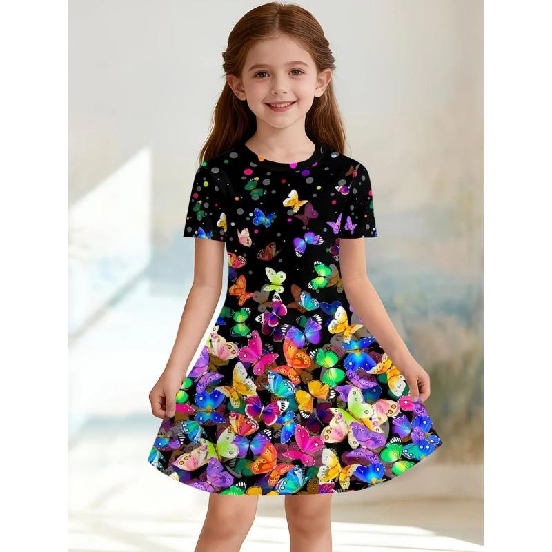 Girl Rainbow Princess Printed T-shirt Dress, White Casual Dress, Suitable for Children's Parties and Birthdays As A Gift