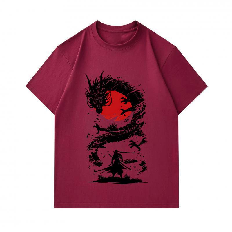 100% Cotton Men's Crew Neck Short Sleeve T-shirt, Cool Samurai VS Dragon Red Sun Ink Print Casual Breathable Tee for Daily Streetwear, Unique Retro Ja