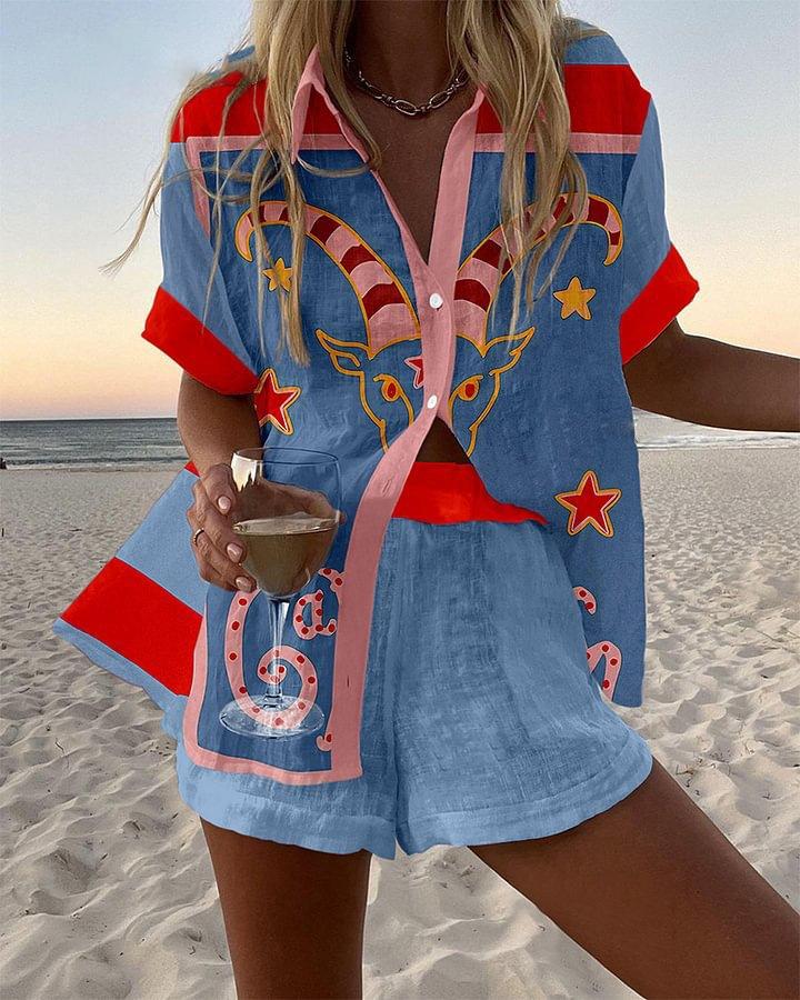 Linglong hemp European and American personality bright digital printing new casual summer top women's suit two-piece set