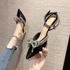 New Mesh Red Rhinestone Bow High -Heeled Shoes Women 'S Thin Heel Pointed Head Strap Design Sense Of Minority Temperament