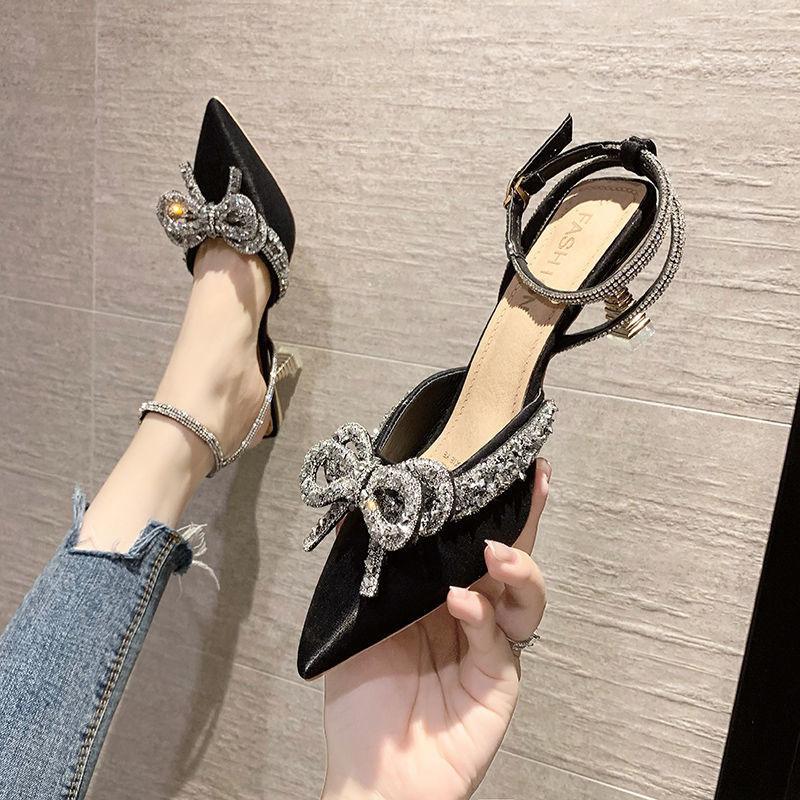 New Mesh Red Rhinestone Bow High -Heeled Shoes Women 'S Thin Heel Pointed Head Strap Design Sense Of Minority Temperament