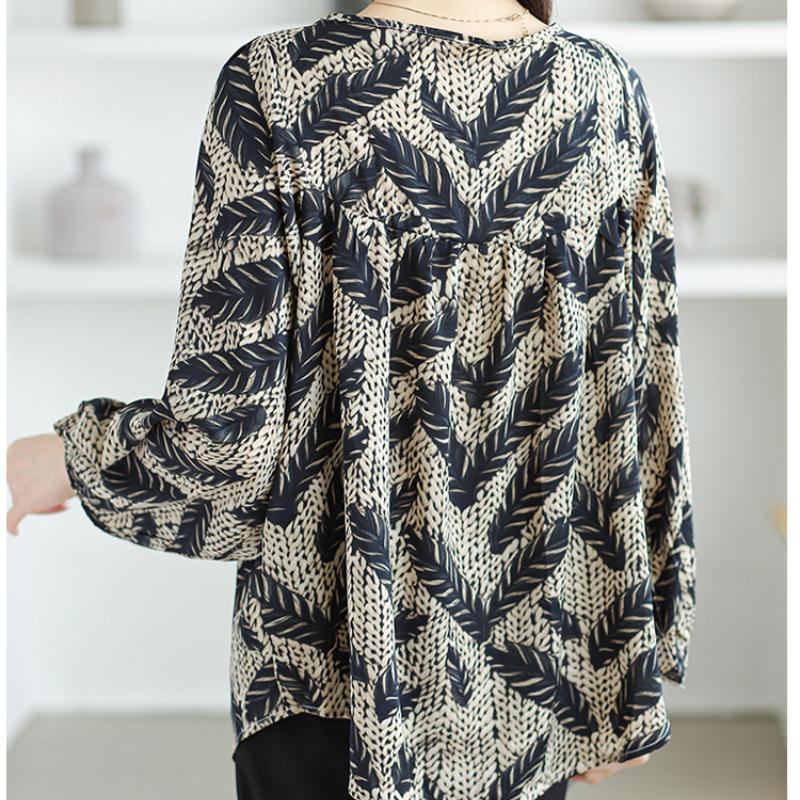 Fashion Elegant Casual Loose Chiffon Shirts Women Long Sleeve Tops Plus Size Women's Blouses Round Neck Slim Vintage Print Shirt Woman Clothing 26340