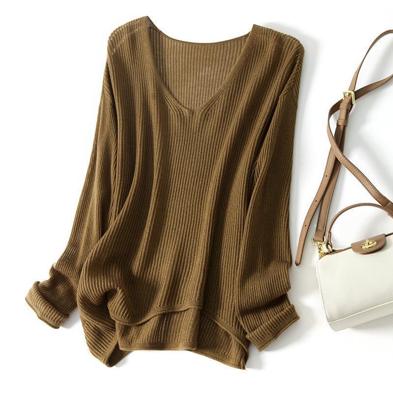 

Жіночий Осінньо-Зимовий Новий Ажурний Трикотаж Однотонний Мінімалістичний Вільний Універсальний Приталений Светр з Довгим Рукавом Базовий Топ L верблюд