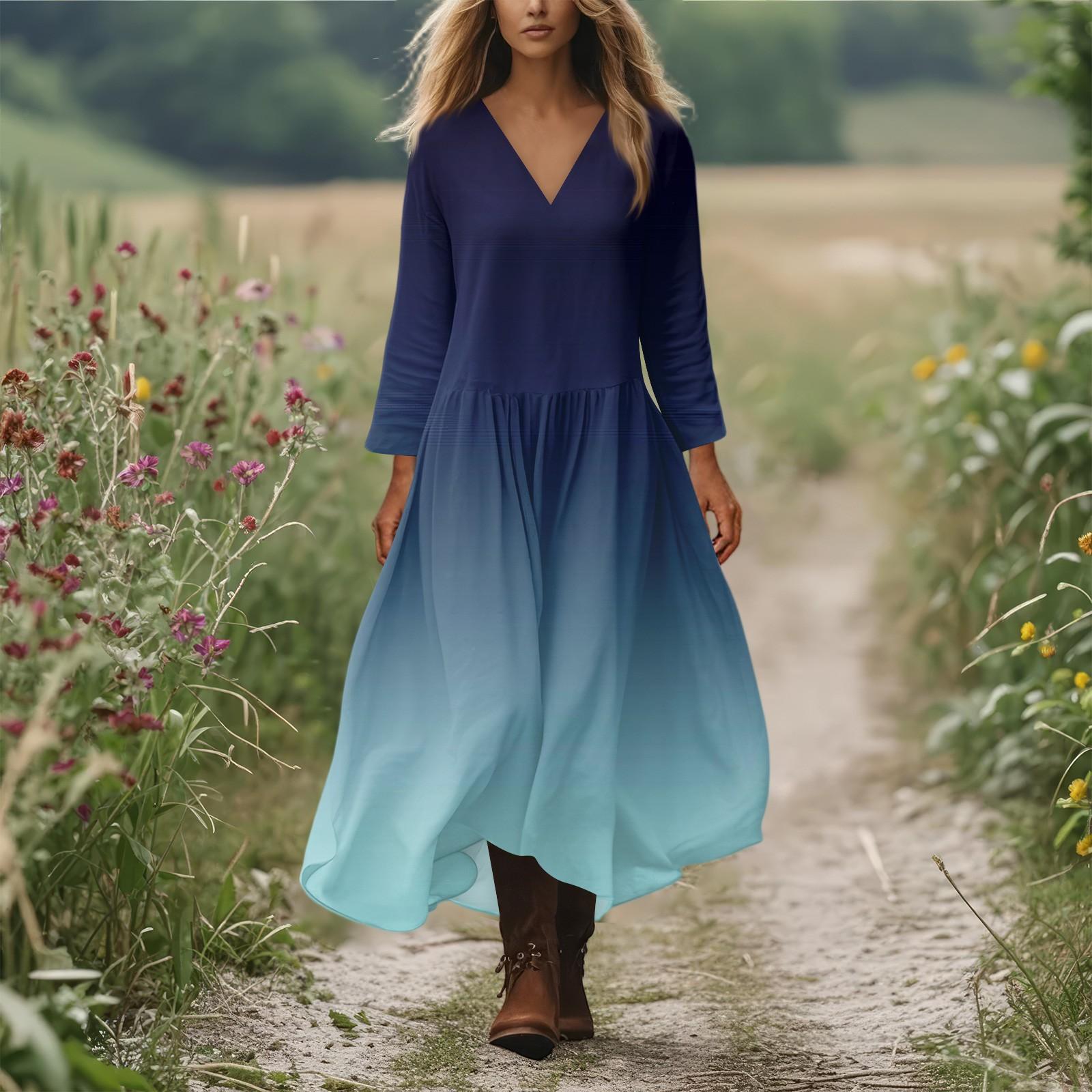 

Женское повседневное и модное платье с круглым вырезом и длинными рукавами средней длины XL синий