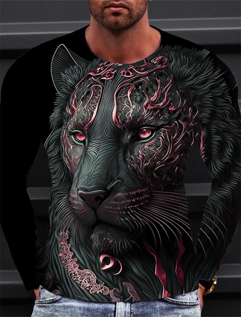 

Lion Pattern 3d Printed Tshirt Long Sleeve Casual For Men O Neck Fashion Graphic T Shirts Black Breathable Comfortable Apparel