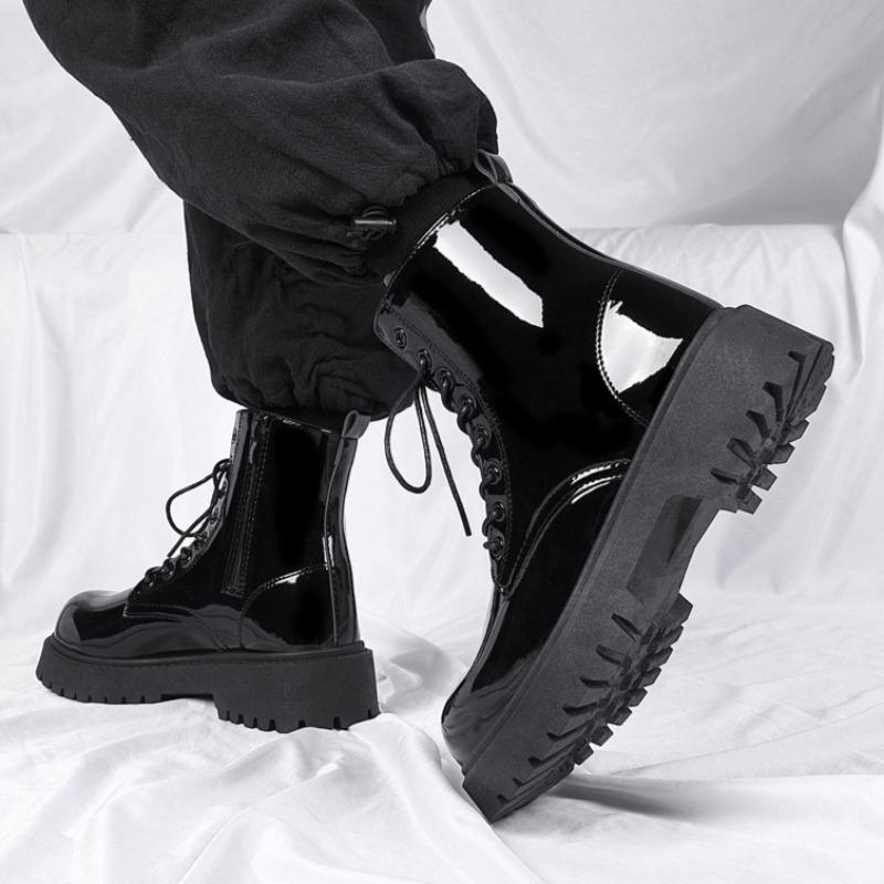 Klassiska Herr Lackstövlar Utomhus Street Style Personlighet Herr Motorcykelstövlar Säsonger Herr Höga Ankelstövlar Botas