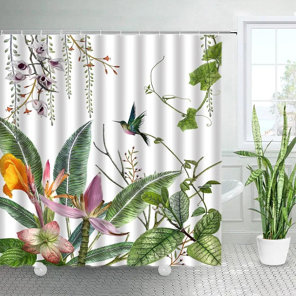 Tropical Plants Floral Shower Curtains Beige Green Palm Leaves Flowers Nordic Decor Bathroom Polyester Bath Curtain with Hooks