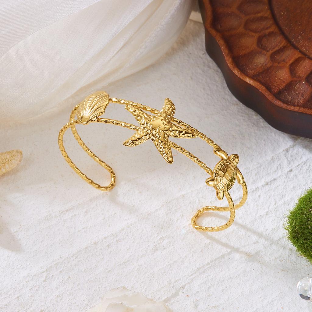 Bohemian Stainless Steel Shell Starfish Cuff Bracelet for Women Fashion Sun Conch Spiral Adjustable Bangle Party Jewelry Gift