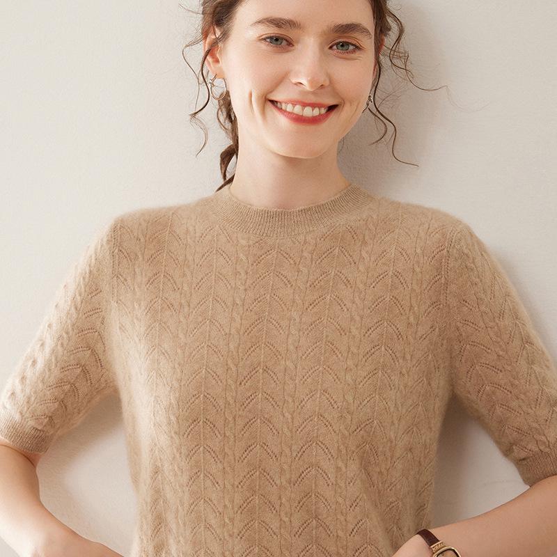 2024 Early Autumn/Winter Women's Cashmere Short Sleeve Hollow Cable Knit Sweater