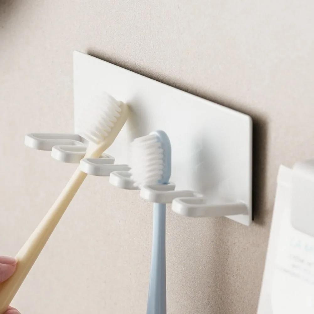 Suport pentru Periuțe de Dinți cu 5 Sloturi, Organizator Metalic pentru Periuțe de Dinți Montat pe Perete, Autoadeziv, Durabil, Organizator pentru Baie