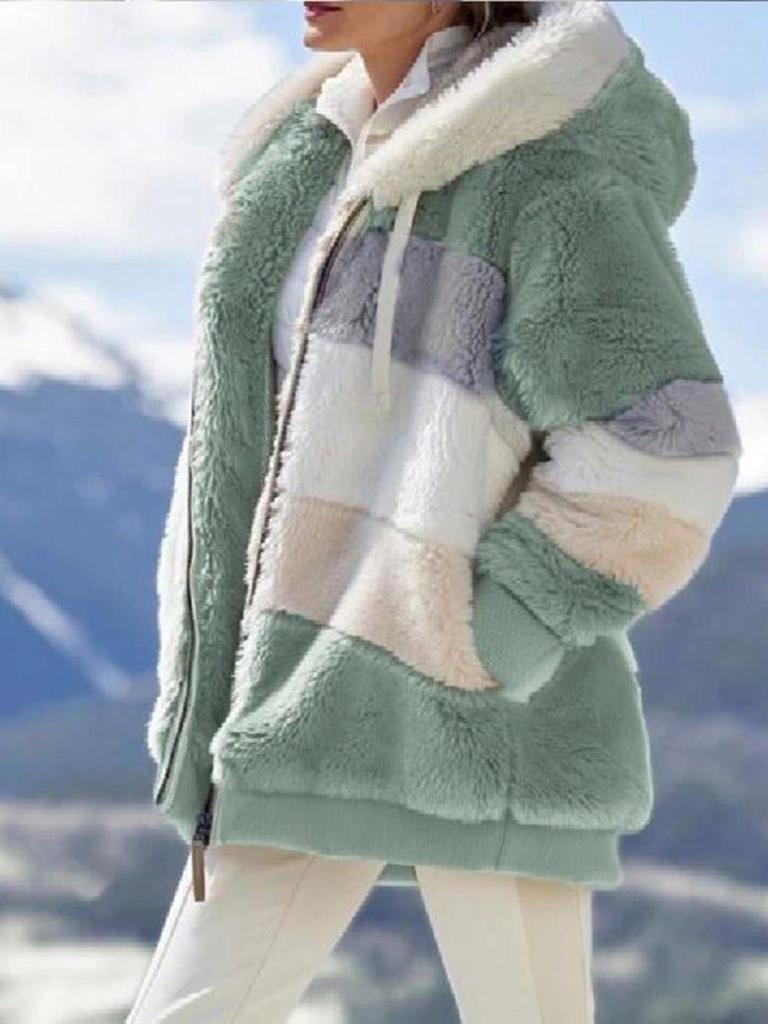 European & American Women's Loose Plush Spliced Hooded Cardigan - Casual Autumn/Winter Coat