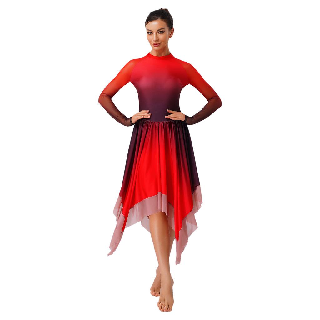 Womens Lyrical Dance Gradient Dress Mesh Long Sleeve Irregular Hem Back Keyhole Leotard Figure Skating Modern Costume