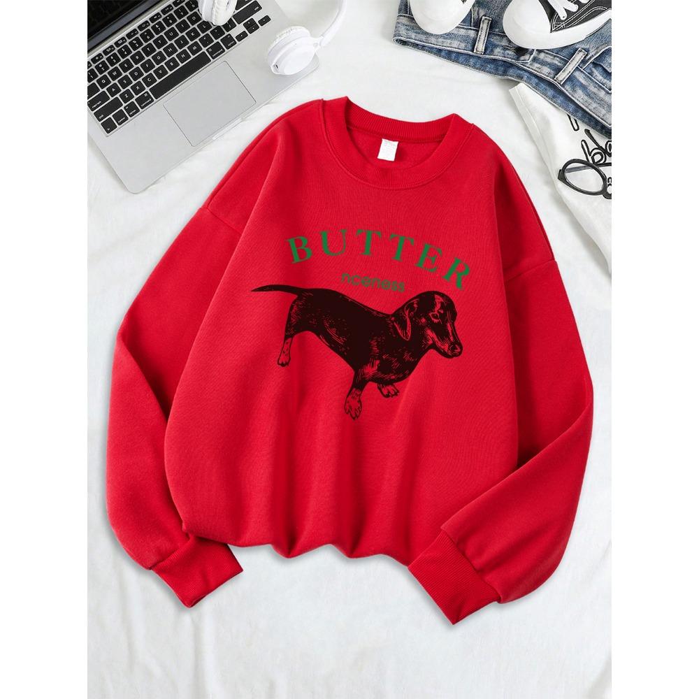 Roztomilé mikiny s potiskem jezevčíka Dámské Zimní Teplé Mikiny Pohodlný Volný Pulovr Ležérní Kulatý Výstřih Dámské Oblečení