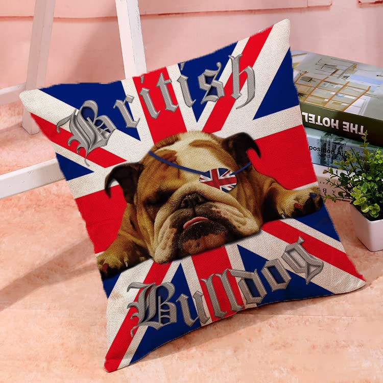 1Pc British Bulldog Union Jack Cushion Cover, Uk Flag Patriotic Dog Lover Throw Pillow Case For Home Sofa Bedroom Decor