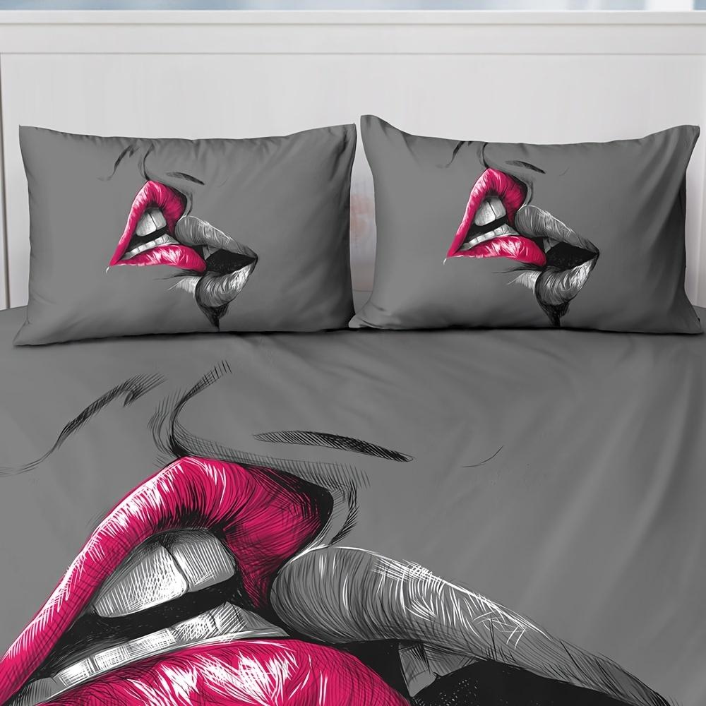 3pcs Crimson Kiss Sketch Couple Bedding Duvet Cover Set with 2pcs Pillowcase (1pc Duvet Cover, No Pillow Core)