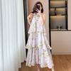 French purple floral neck cake skirt women's summer vacation style design sense niche medium and long sleeveless dress