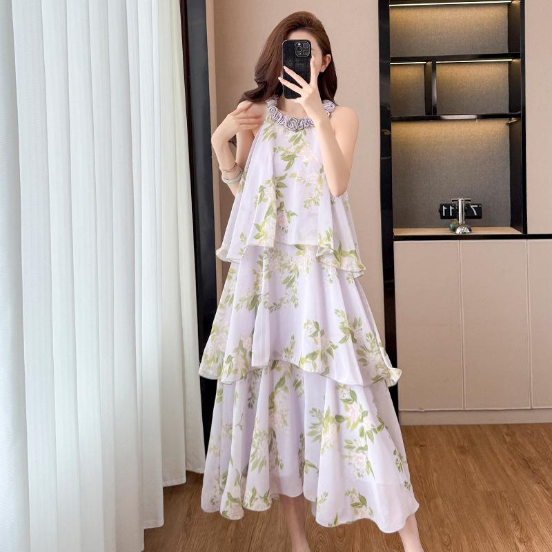 French purple floral neck cake skirt women's summer vacation style design sense niche medium and long sleeveless dress