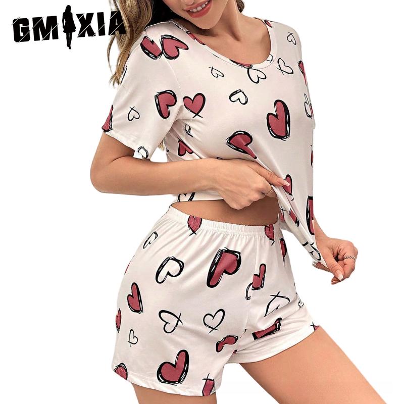 

GMXIA Women s Love Print Short Sleeve Top Shorts Loungewear S красный/белый