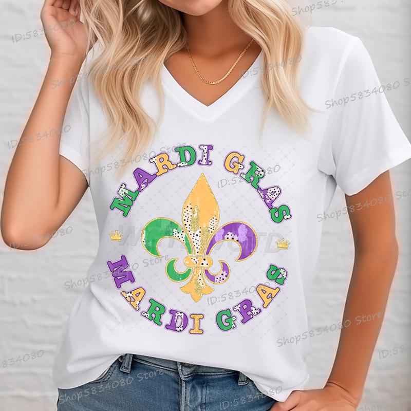 Womens T Shirt Vintage Mardi Gras Fleur Print Short Sleeve V Neck Tshirt Classics Festival Carnival Party FeUnisex MardiGras Tee