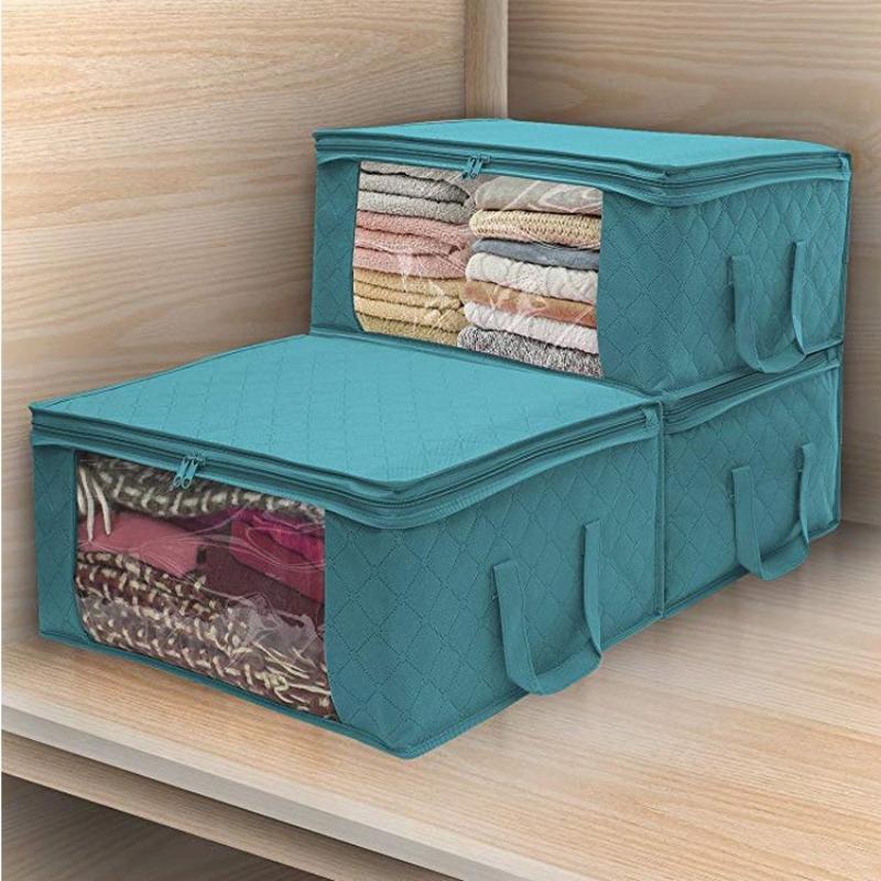 Clothing Storage Box Folding Storage Bag Clear Window Zipper Non Woven Fabric Clothes Organizer Basket with Handles 49x36x21cm